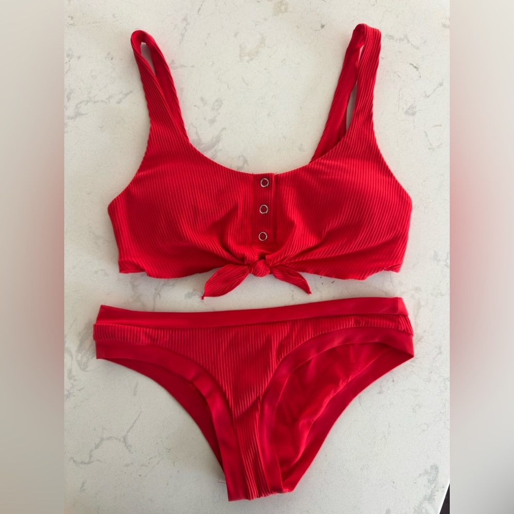 Body Glove Red Ribbed Tie-Front Bikini Set